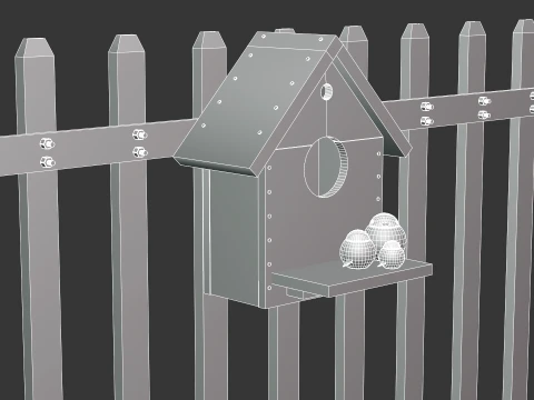 Bird House with White Picket Fence Section 3D Model