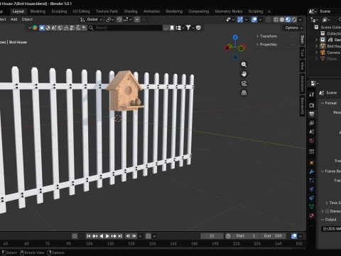 Bird House with White Picket Fence Section 3D Model