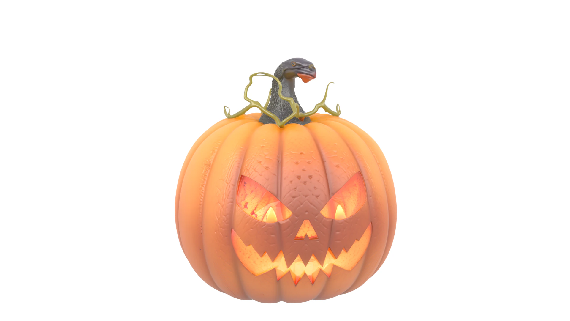 Glowing Menacing 3D Halloween Jack O Lantern with Candle Light Jagged Teeth Vine Stems 3D Model .c4d .max .obj .3ds .fbx .stl .blend 