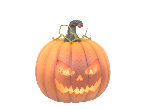 Lanterna Jack O de Halloween 3D ameaçadora e brilhante com luz de vela, dentes irregulares, hastes de videira Modelo 3D