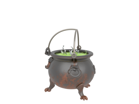 3D Mysterious Cauldron with Green Bubbling Potion and Rust Engravings 3D Модель