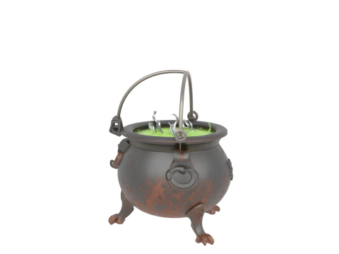 3D Mysterious Cauldron with Green Bubbling Potion and Rust Engravings 3D Model