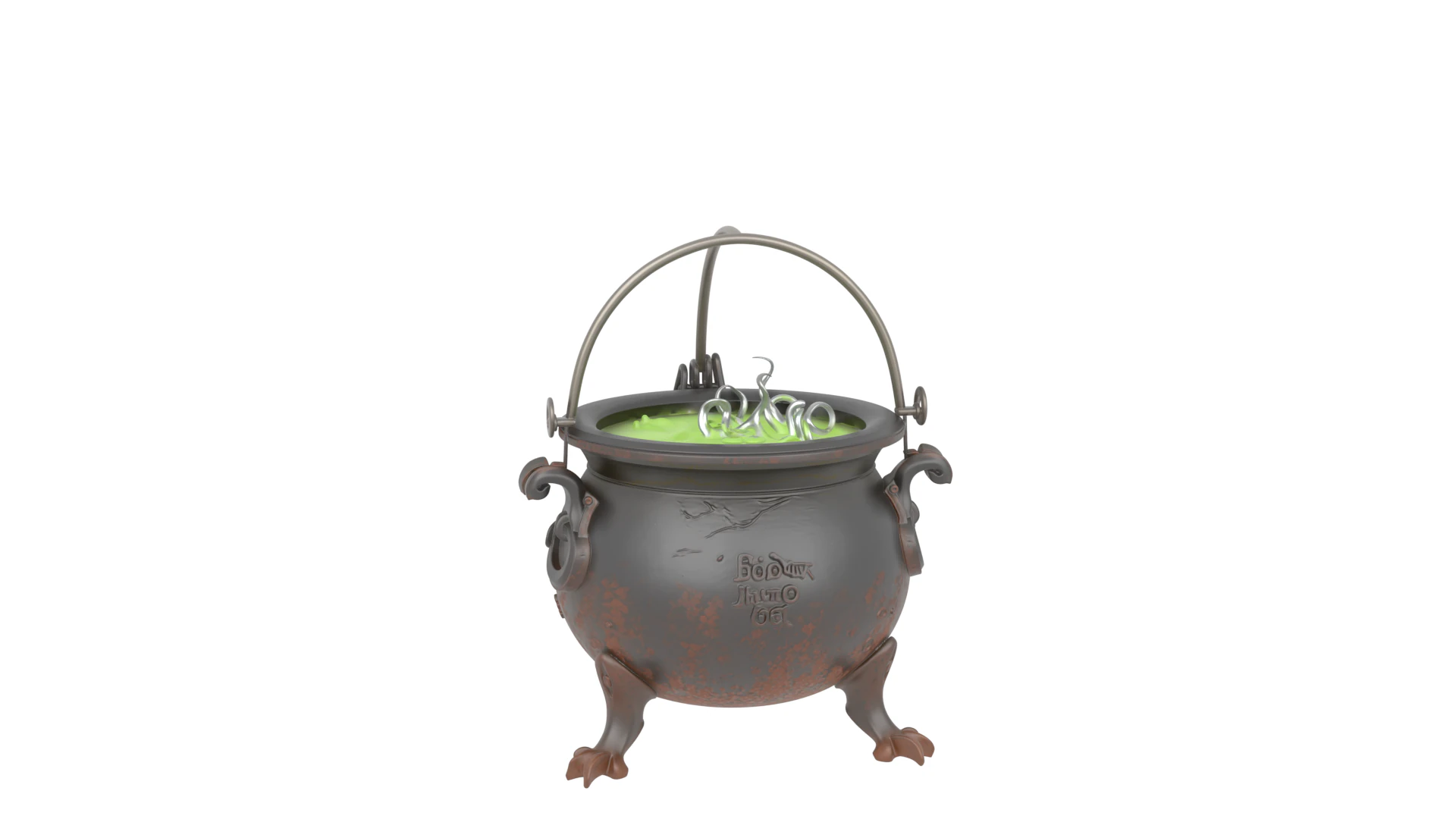 3D Mysterious Cauldron with Green Bubbling Potion and Rust Engravings 3D Model .c4d .max .obj .3ds .fbx .stl .blend 