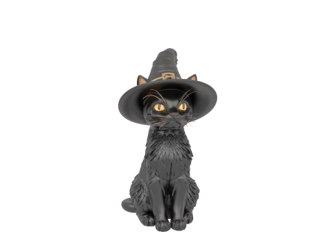 3D Black Cat Figurine Arched Back Glowing Eyes Witch Hat Porcelain Metallic Accents Modelo 3D
