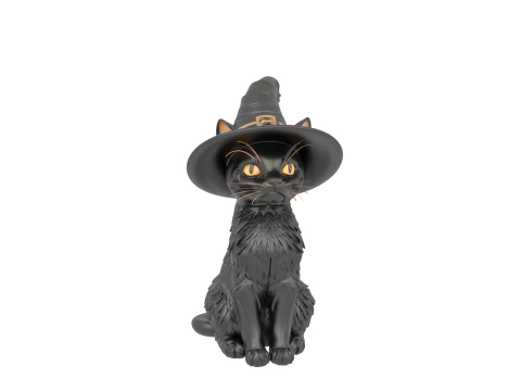 3D Kara Kedi Heykelcik Kemerli Sırt Parlayan G&ouml;zler Cadı Şapkası Porselen Metalik Vurgular 3D Model