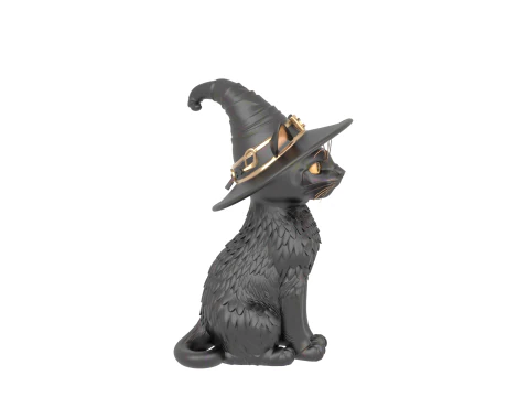 3D Black Cat Figurine Arched Back Glowing Eyes Witch Hat Porcelain Metallic Accents 3D Model