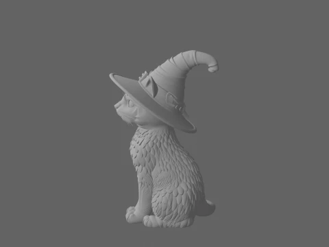 3D Black Cat Figurine Arched Back Glowing Eyes Witch Hat Porcelain Metallic Accents 3D Model
