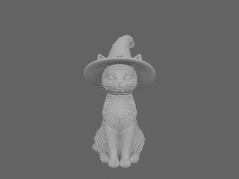 3D Black Cat Figurine Arched Back Glowing Eyes Witch Hat Porcelain Metallic Accents 3D Model