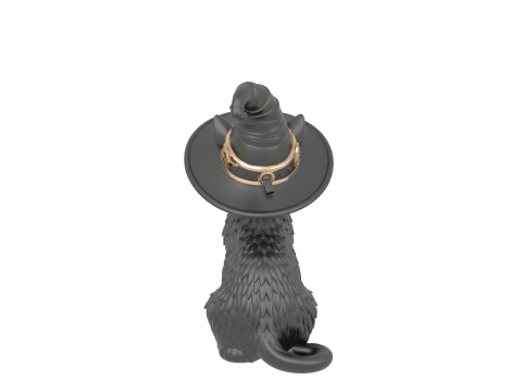 3D Black Cat Figurine Arched Back Glowing Eyes Witch Hat Porcelain Metallic Accents Modelo 3D
