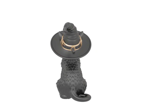 3D Black Cat Figurine Arched Back Glowing Eyes Witch Hat Porcelain Metallic Accents 3D Model