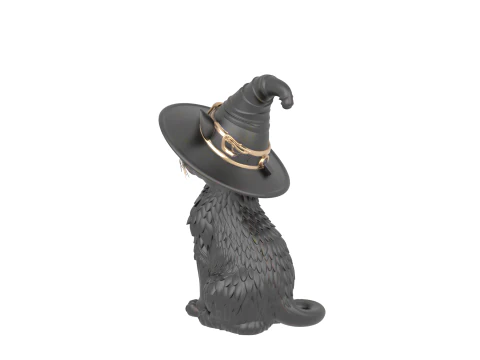 3D Black Cat Figurine Arched Back Glowing Eyes Witch Hat Porcelain Metallic Accents 3D Model