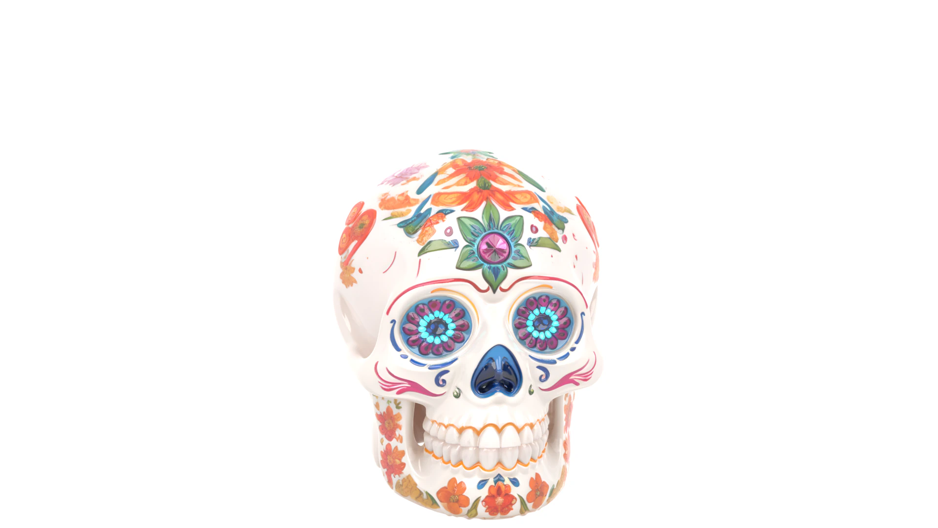 Festive 3D Candy Skull Model with Sugar Icing Floral Patterns Sparkling Gem Eyes Colorful Halloween 3D Model .c4d .max .obj .3ds .fbx .stl .blend 