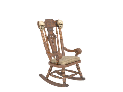 Kursi Goyang Berhantu 3D Seram dengan Ukiran Tengkorak Pernis Aus dan Kayu Berderit Model 3D