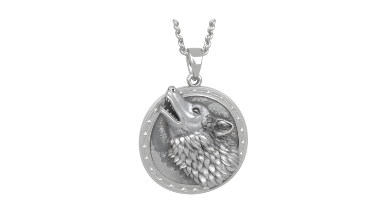 Elegant Silver 3D Werewolf Moon Pendant with Detailed Howling Wolf and Lunar Phase Engravings Model 3D .c4d .max .obj .3ds .fbx .stl .blend