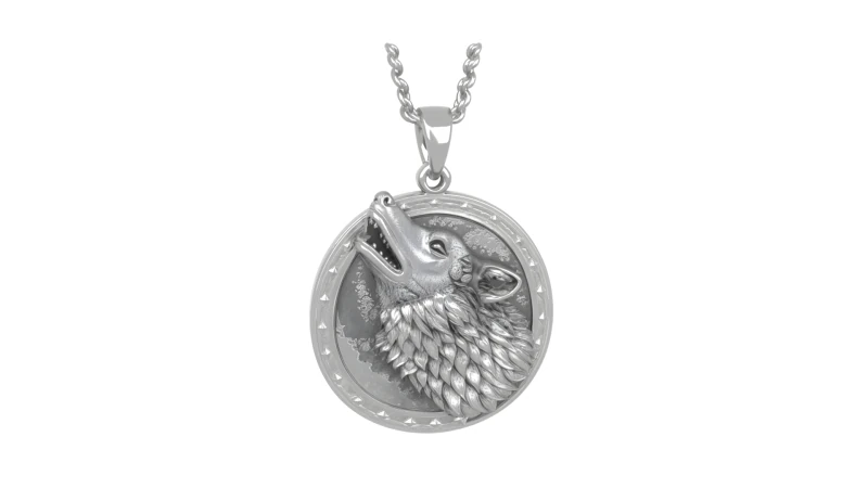Elegant Silver 3D Werewolf Moon Pendant with Detailed Howling Wolf and Lunar Phase Engravings 3D Model .c4d .max .obj .3ds .fbx .stl .blend 