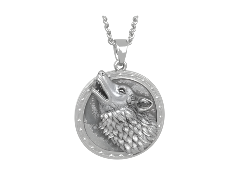 Elegant Silver 3D Werewolf Moon Pendant with Detailed Howling Wolf and Lunar Phase Engravings Model 3D