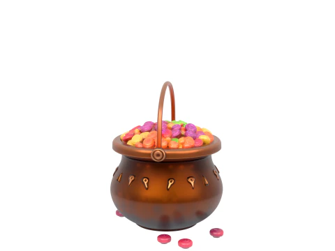 3D Detailed Halloween Cauldron Candy Bucket with Metallic Bubbling Effect 3D Model