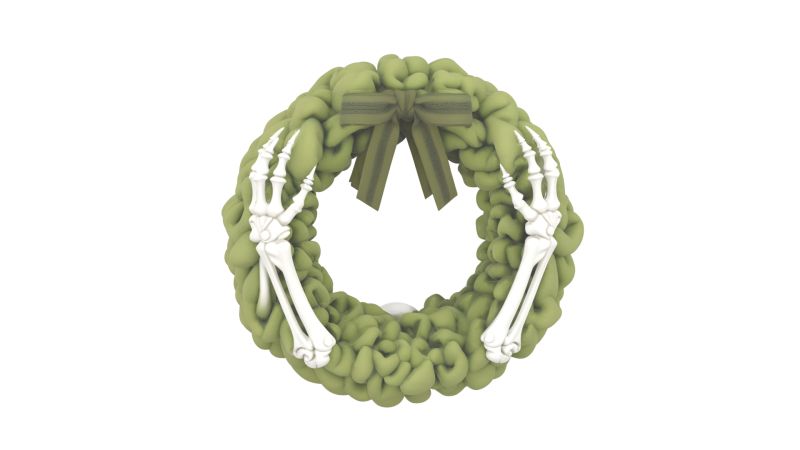 हड्डी सफेद कंकाल हथियार रिबन धनुष और पुष्प खोपड़ी के साथ 3डी उत्सव हरा दरवाजा पुष्पांजलि 3D मॉडल .c4d .max .obj .3ds .fbx .stl .blend