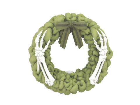 3D Festive Green Door Wreath with Bone White Skeleton Arms Ribbon Bows and Floral Skulls 3D Model