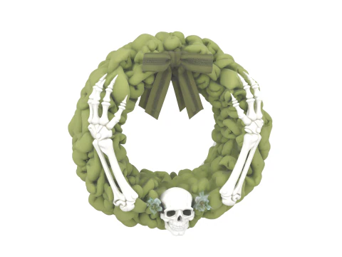3D Festive Green Door Wreath with Bone White Skeleton Arms Ribbon Bows and Floral Skulls 3D Model