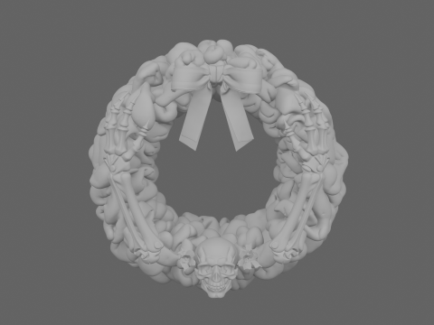 हड्डी सफेद कंकाल हथियार रिबन धनुष और पुष्प खोपड़ी के साथ 3डी उत्सव हरा दरवाजा पुष्पांजलि 3D मॉडल