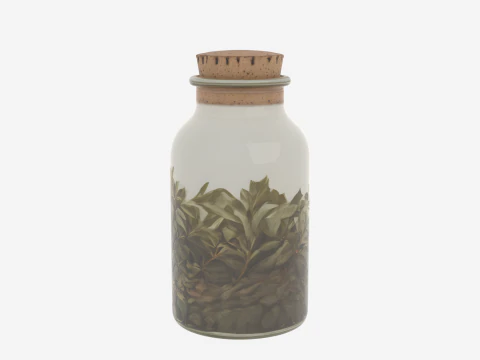 Intricate 3D Glass Apothecary Jar with Cork Lid and Herbs 3D Model