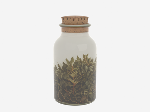 Intricate 3D Glass Apothecary Jar with Cork Lid and Herbs Model 3D