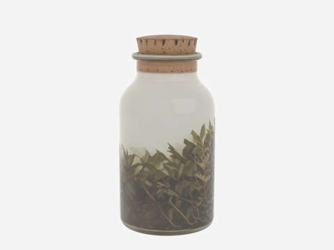 코르크 뚜껑과 허브가 들어 있는 복잡한 3D 유리 약종상 항아리 3D 모델