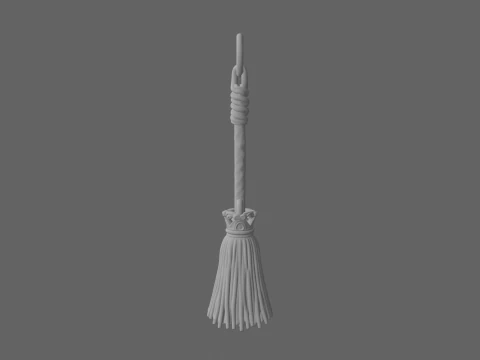 Exquisite 3D Witch Broom Charm Metal Keychain Model with Intricate Carved Details and Mini Straw 3D Model