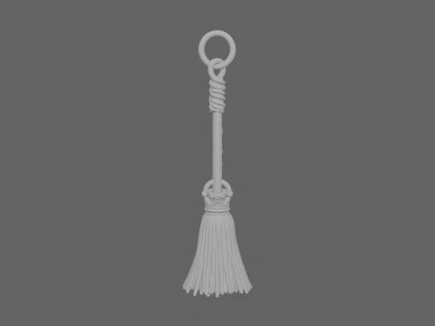Exquisite 3D Witch Broom Charm Metal Keychain Model with Intricate Carved Details and Mini Straw 3D Model