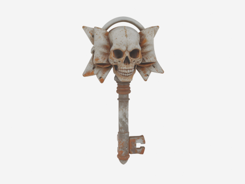 3D Detailed Haunted Key Model with Skull Bow Rust Patina and Intricate Teeth Model 3D
