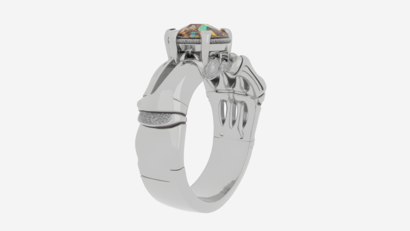 Anello scheletro 3D realistico con fascia in argento e gemma in smalto bianco Modello 3D .c4d .max .obj .3ds .fbx .stl .blend