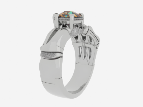 Anello scheletro 3D realistico con fascia in argento e gemma in smalto bianco Modello 3D