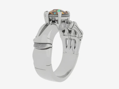 Realistic 3D Skeleton Ring with Silver Band and White Enamel Gem 3D Model