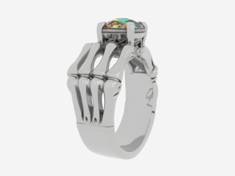 Anello scheletro 3D realistico con fascia in argento e gemma in smalto bianco Modello 3D