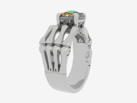 Realistic 3D Skeleton Ring with Silver Band and White Enamel Gem 3D Model