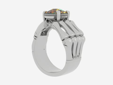 Anello scheletro 3D realistico con fascia in argento e gemma in smalto bianco Modello 3D
