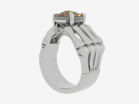 Realistic 3D Skeleton Ring with Silver Band and White Enamel Gem 3D Model