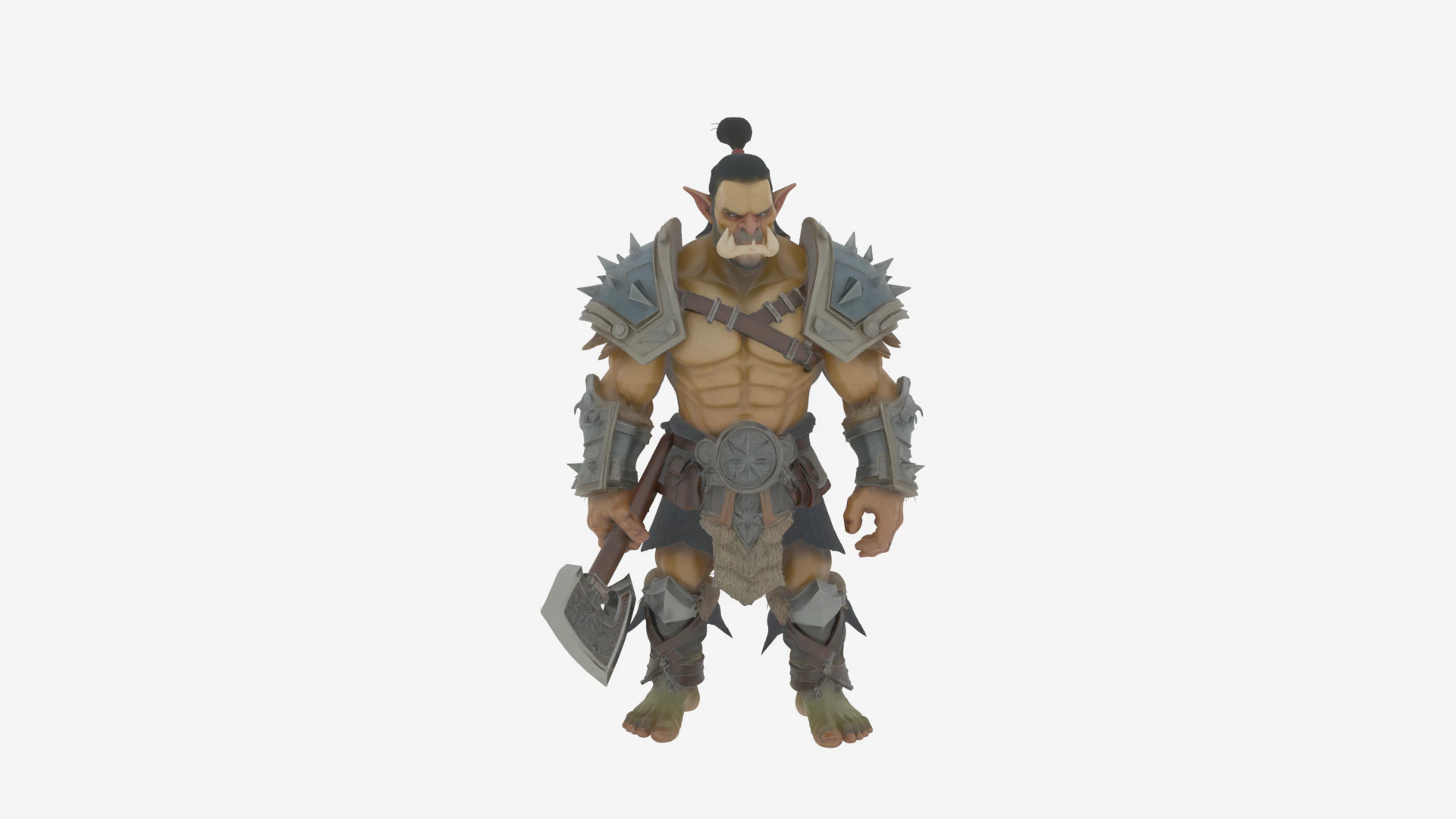 Epic Muscular Green Orc Warrior in Spiked Armor with Axe and Shield 3D Model .c4d .max .obj .3ds .fbx .stl .blend 