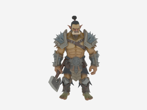Epische gespierde groene orkkrijger in puntig pantser met bijl en schild 3D Model