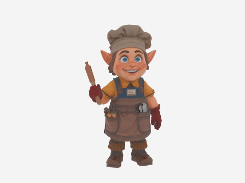 Enthusiastic Plump Gnome Chef Holding Pie and Rolling Pin in WoW Style 3D Model