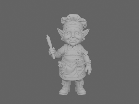 Enthousiaste mollige kabouterchef-kok met taart en deegroller in WoW-stijl 3D Model