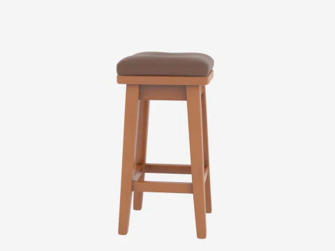 Realistic 3D Wooden Bank Teller Stool Padded Leather Seat 3D Model