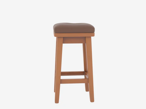 Realistic 3D Wooden Bank Teller Stool Padded Leather Seat 3D Model