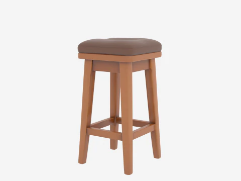 Realistic 3D Wooden Bank Teller Stool Padded Leather Seat 3D Model