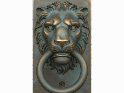 3D brass lion head door knocker verdigris patina and mounting 3D Model