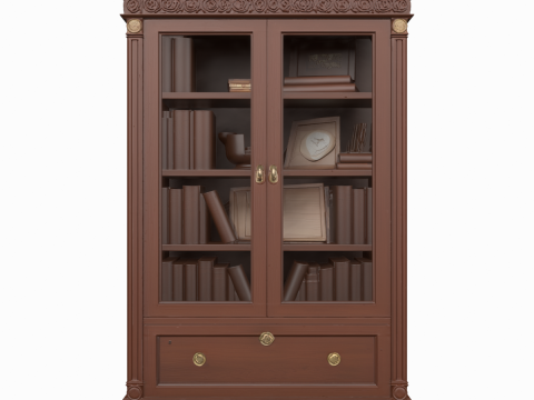 3D wooden bookcase glass doors and brass hardware office storage 3D Model