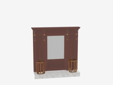 Wooden Bank Lobby Coat Rack 3D Vintage Brass and Marble Base 3D Model