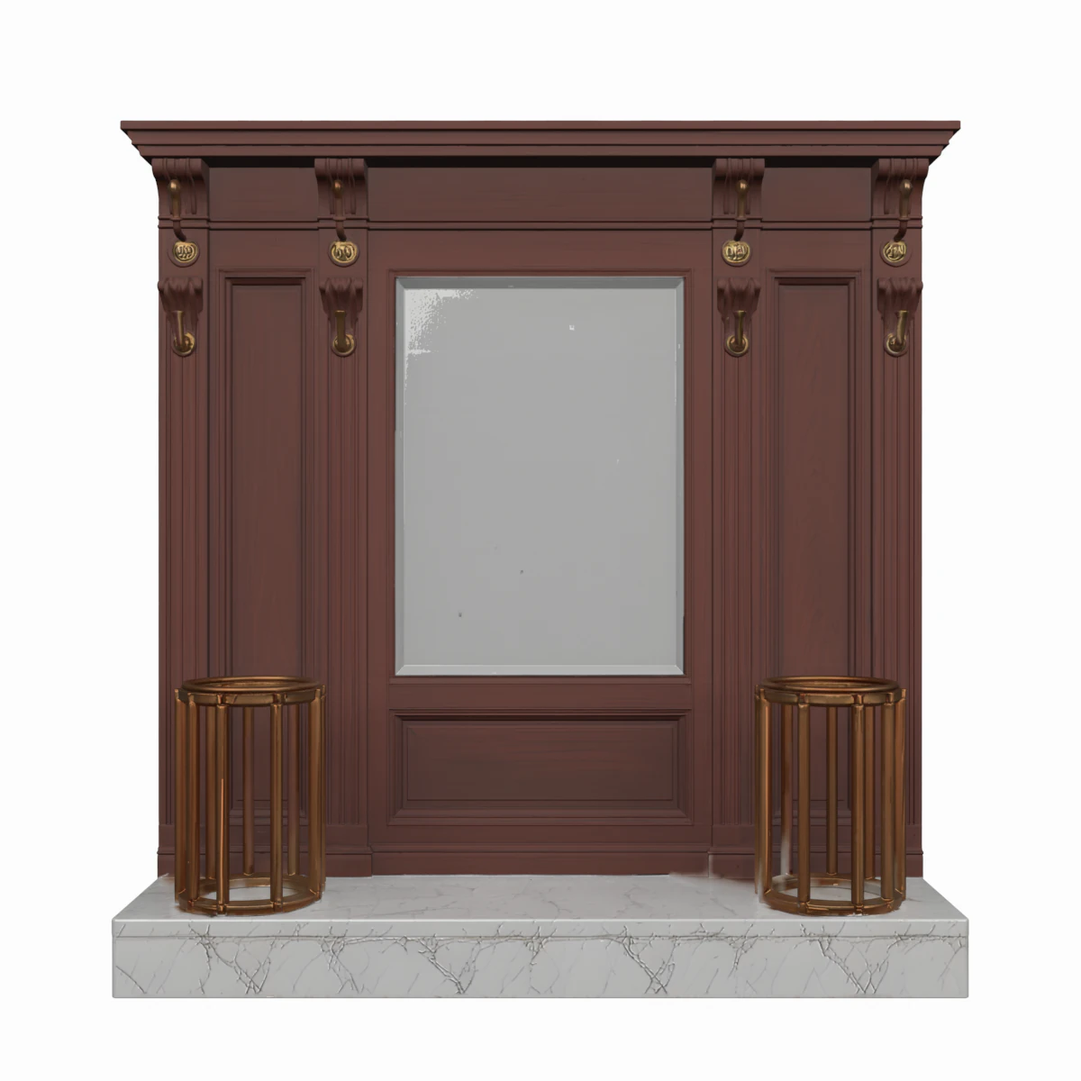 Wooden Bank Lobby Coat Rack 3D Vintage Brass and Marble Base 3D Model .c4d .max .obj .3ds .fbx .stl .blend