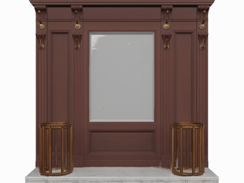 木制银行大堂衣帽架 3D 复古黄铜和大理石底座 3D 模型